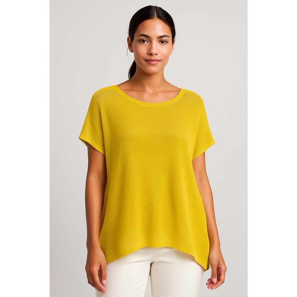 Eileen Fisher Open Knit Boxy Sweater Sz S/P Beautiful Mustard/Citron minimalist